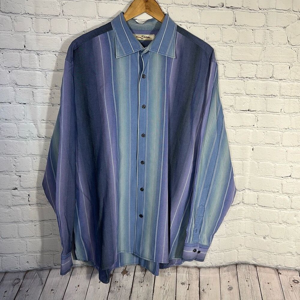 Tommy Bahama Shirt Mens XL Blue Purple Striped‎ Long Sleeve 100% Tencel